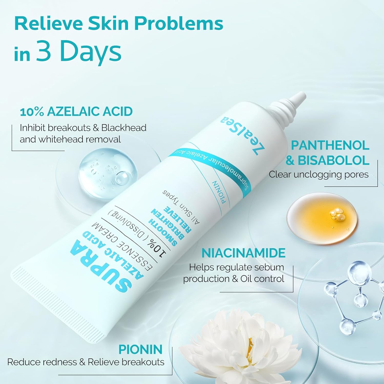 image:imageZealSea 10 Azelaic Acid Facial Cream Azelaic Acid Serum with Niacianmide amp Pionin for Face Relief Pimple Breakouts Blackhead amp Redness Azelaic Acid Gel Clarify Skin Soothe Irritation 1 Oz1 Ounce Pack of 2