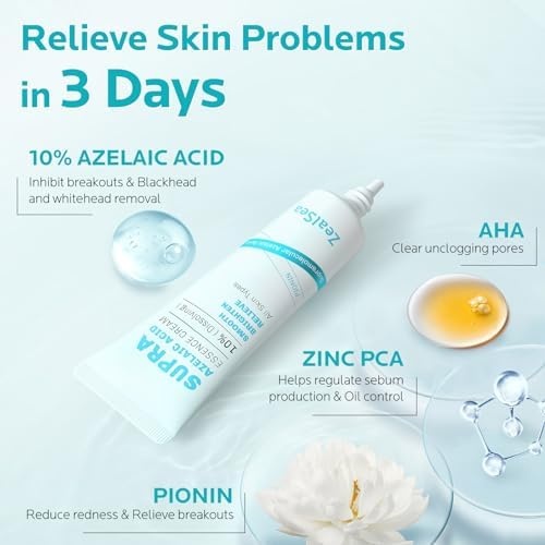 image:imageZealSea 10 Azelaic Acid Facial Cream Azelaic Acid Serum with Niacianmide amp Pionin for Face Relief Pimple Breakouts Blackhead amp Redness Azelaic Acid Gel Clarify Skin Soothe Irritation 1 Oz034 Ounce Pack of 1