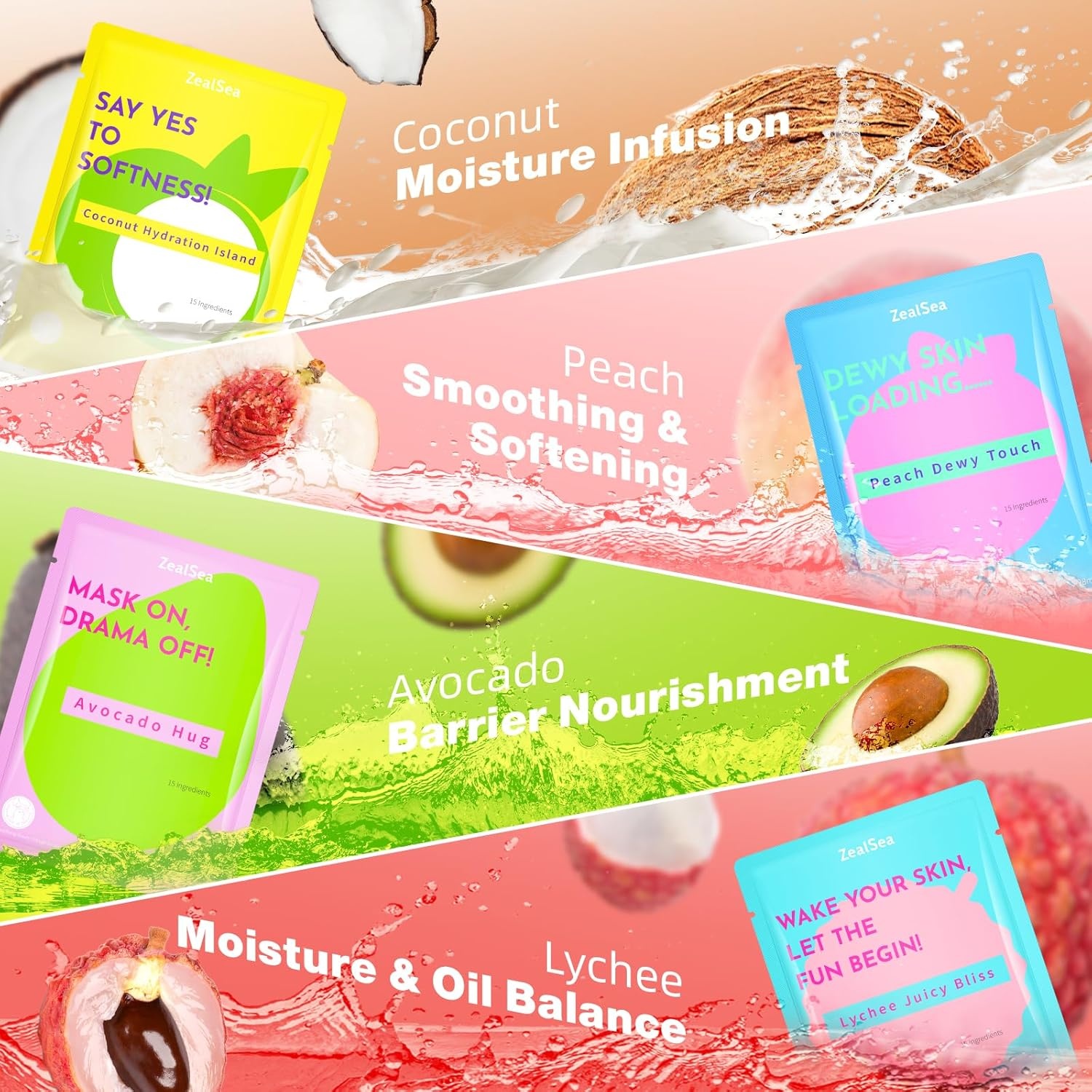 image:imageZealSea Clean Beauty Face Masks Skincare Minimalism 15 Ingredients Sheet Mask Deep Hydration Facial Mask for Bouncy amp Glowing Sleepover Spa Party Supplies Women Teen Girl Gifts Trendy Stuff 7PackFruit Season 7 count
