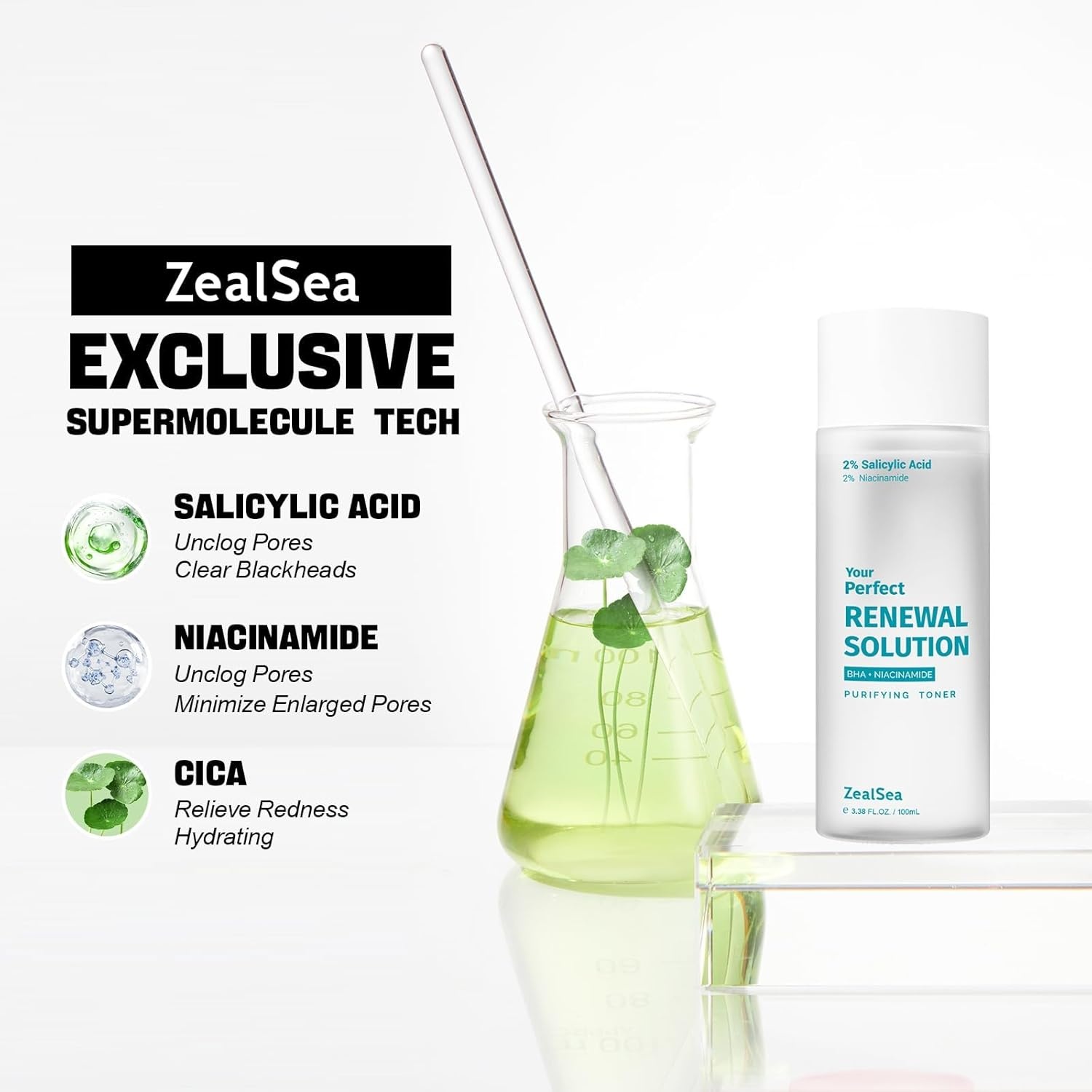 image:imageZealSea Salicylic Acid Toner Blackhead Remover BHA Liquid Exfoliant CICA 676OZ Pore Minimizer for Face Gentle Alcohol Free BHA Toner for All Skin Type with Niacinamide Redness Relief VeganBHA 338 FLOZPack of 1
