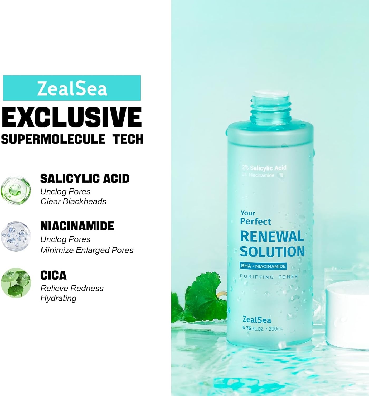 image:imageZealSea Salicylic Acid Toner Blackhead Remover BHA Liquid Exfoliant CICA 676OZ Pore Minimizer for Face Gentle Alcohol Free BHA Toner for All Skin Type with Niacinamide Redness Relief VeganBHA 676 FLOZPack of 1