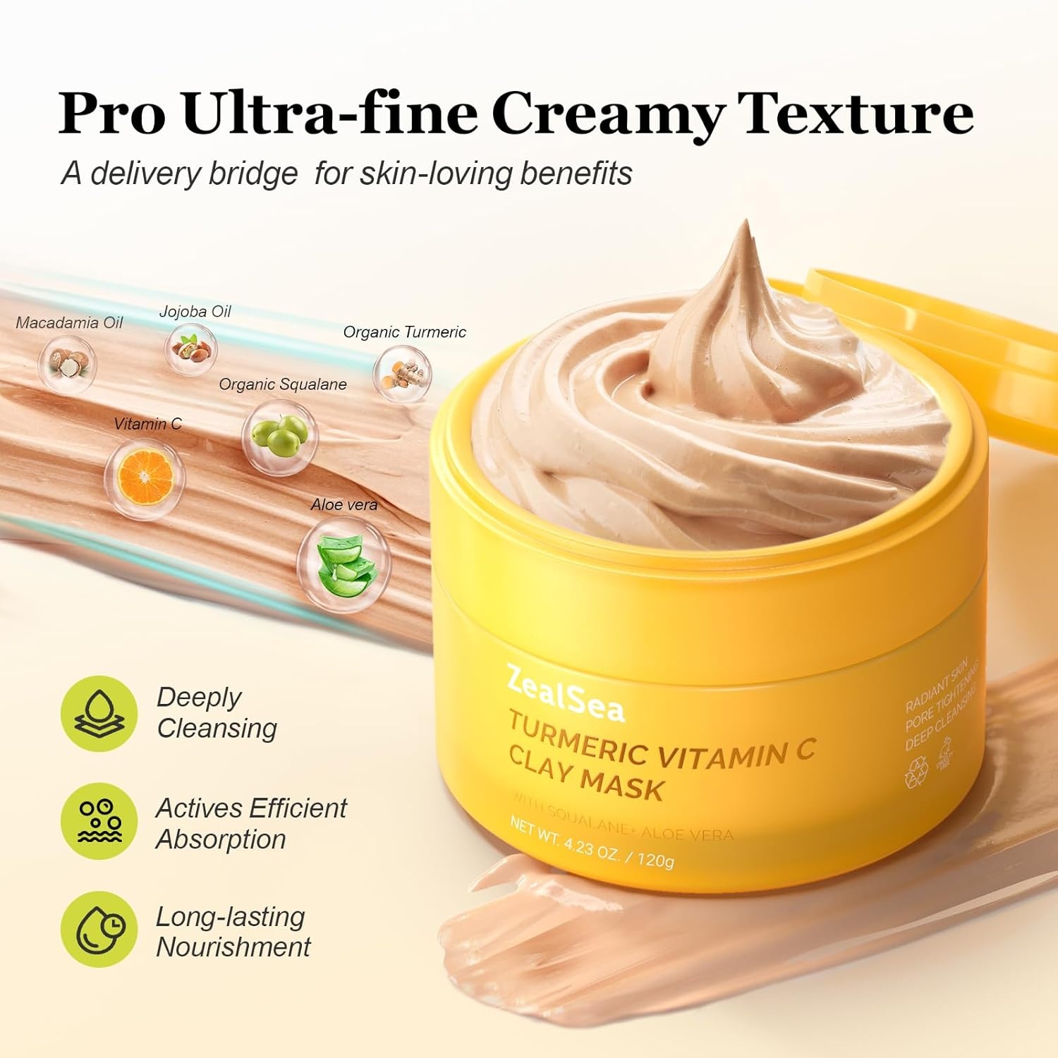 image:imageZealSea Vitamin C American Kaolin Clay Mask with Turmeric Pro UltraFine Creamy Texture Deep Pore Cleansing Even Skin Tone Brighten Control Oil Detoxify 30 Aloe Jojoba Oil Shea Butter amp SqualaneTurmeric 423 OZ Pack of 1